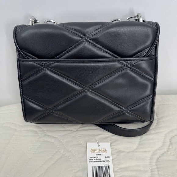 Michael Kors Serena Shoulder Bag Womens Black Quilted Vegan Chain Crossbody - Picture 7 of 14